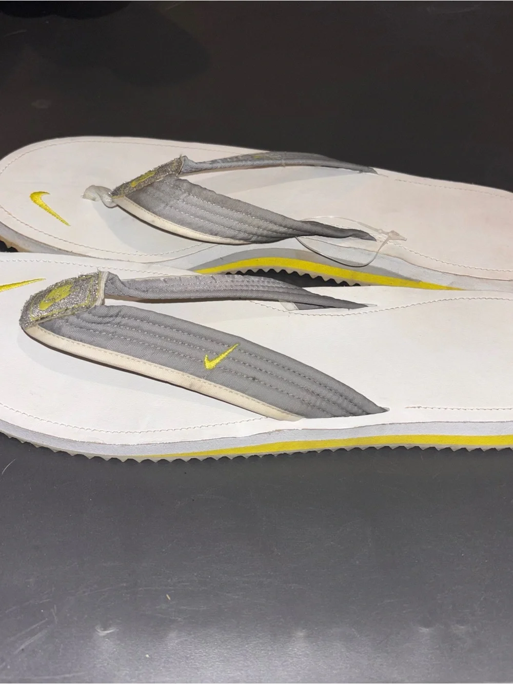 Nike Women’s White & Gray Thong Sandals with Yellow Swoosh